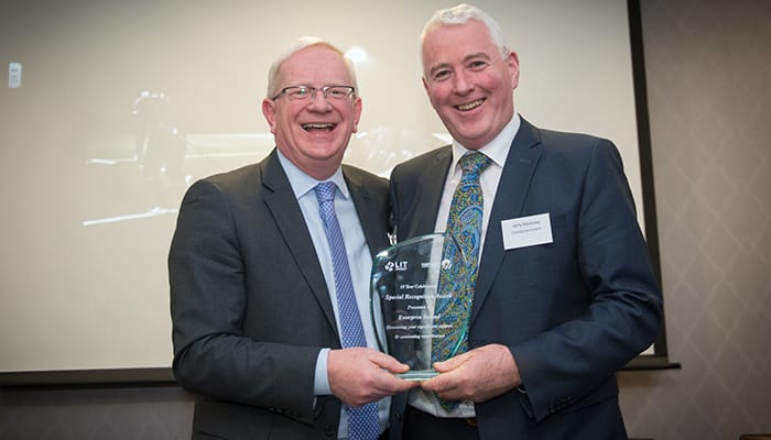 Enterprise Ireland Recognition Award From Left to Right: Vincent Cunnane - President, LIT, Jerry Moloney - Regional Director Midwest Enterprise Ireland. Photo credit Shauna Kennedy