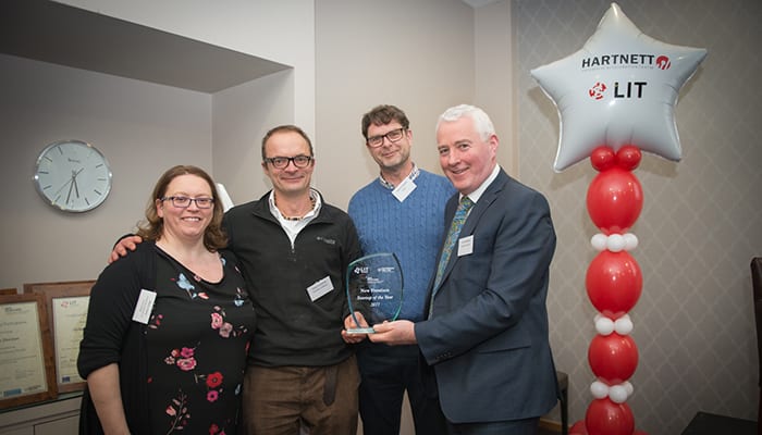 Mark Cochrane - Startup of the Year Award From Left to Right: Mary Casey- New Frontiers Programme Coordinator, Mark Cochrane - Trackplan Software Simon O’Keeffe, New Frontiers Lead Trainer, Jerry Moloney, Regional Director Midwest, Enterprise Ireland. Photo credit Shauna Kennedy