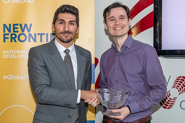 Synergy Centre - 2019 - 5 - Enterprise Ireland New Frontiers TU Dublin Tallaght Campus Philip Lee Services (€10,000) winner Vinceit Lonij (Swyg) an glass vase from a Philip Lee representative at the 2019 New Frontiers Phase 2 Showcase Event in the Synergy Centre at TU Dublin.