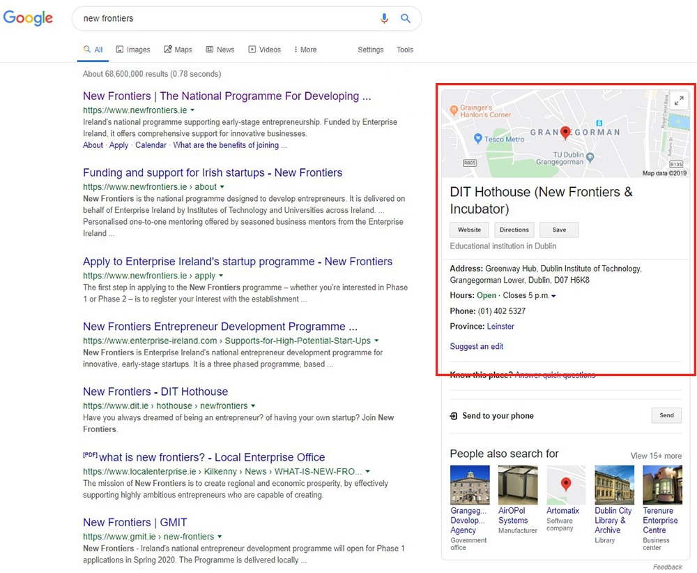 Google My Business results in search - New Frontiers